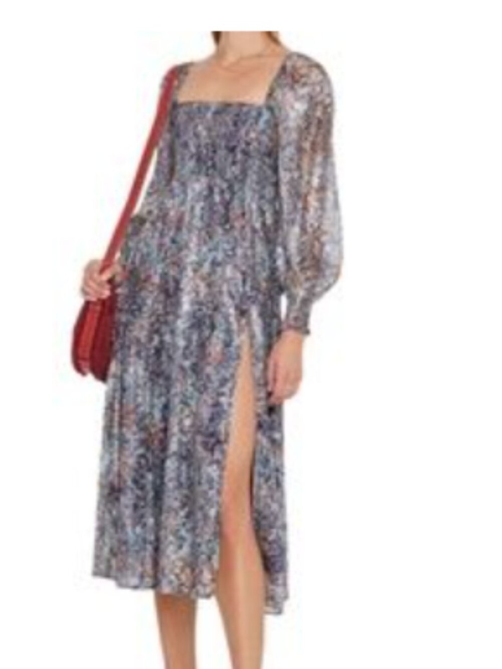 O.P.T. Metallic Floral Smocked Long Sheer Sleeve Midi Dress size Small